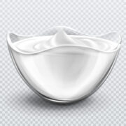 Bowl with sauce, cream. mayonnaise or yogurt. Glass cup with fresh dairy product, creamy cheese, sour or sweet mousse with swirl isolated on transparent background, realistic 3d vector illustration